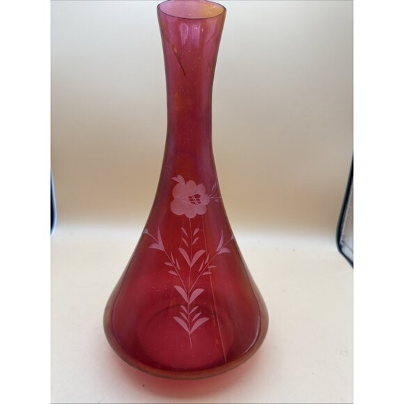Bohemian Vase Czech Cut To Clear Cranberry Clear Cut Blossoms - Picture 1 of 8